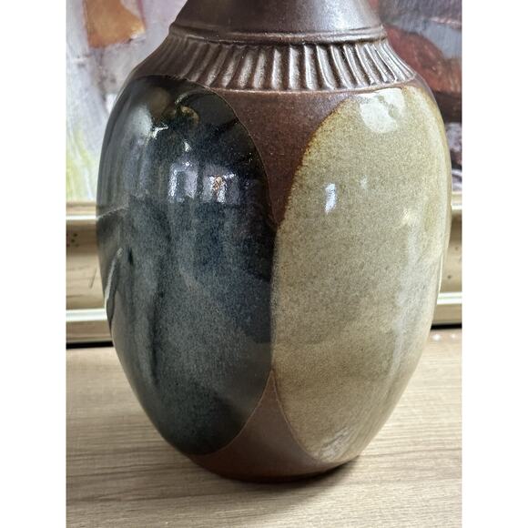 VTG MCM Earthenware Stone Pottery Craft Robert Maxwell Vase Brown Blue 9” - Picture 2 of 5
